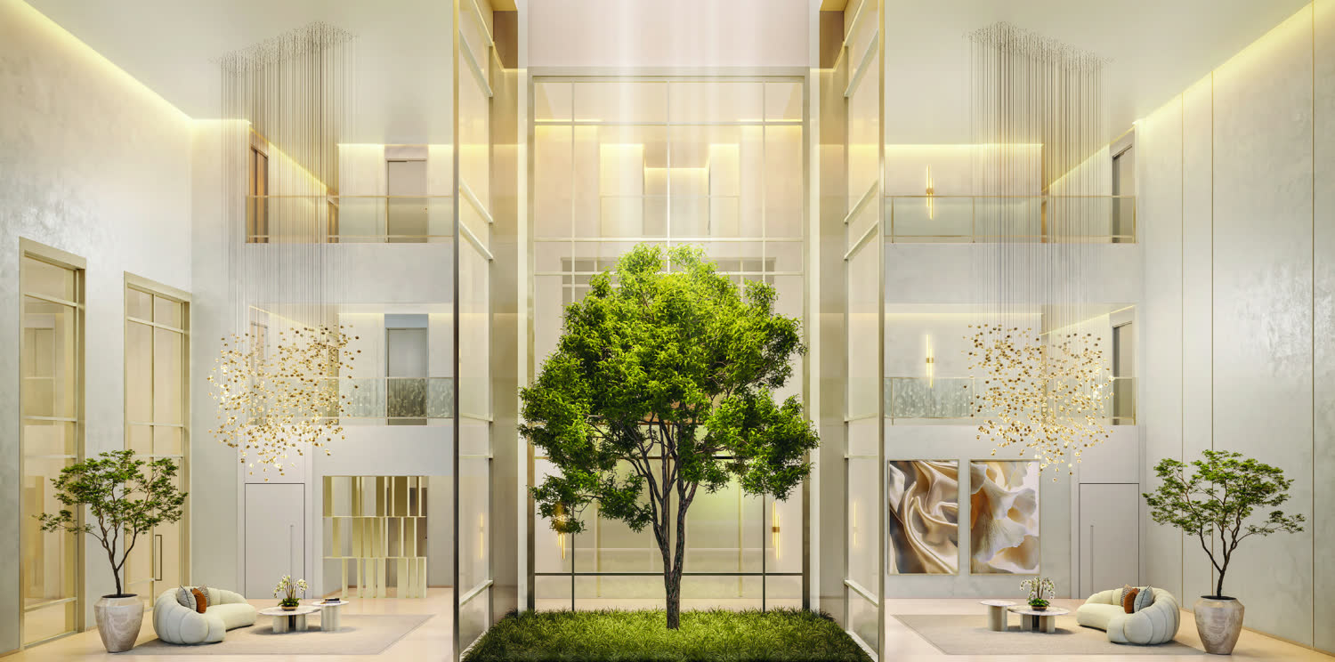 Lobby de pé-direito triplo do The Grand Residence Brooklin
